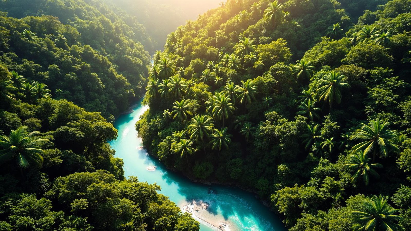 Rio de águas turquesa cortando floresta tropical densa